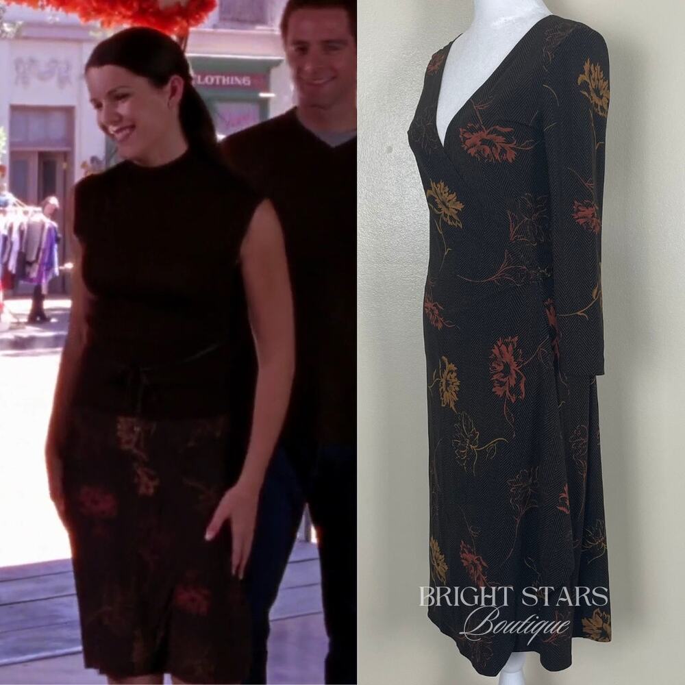 Rare Wrap Dress Alt ASO Lorelai Gilmore Girls Vintage Long Sleeve Brown Floral - Picture 2 of 11